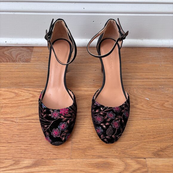 Sundance Lilia Black Floral Embroidered Ankle Strap Heels - Picture 6 of 12